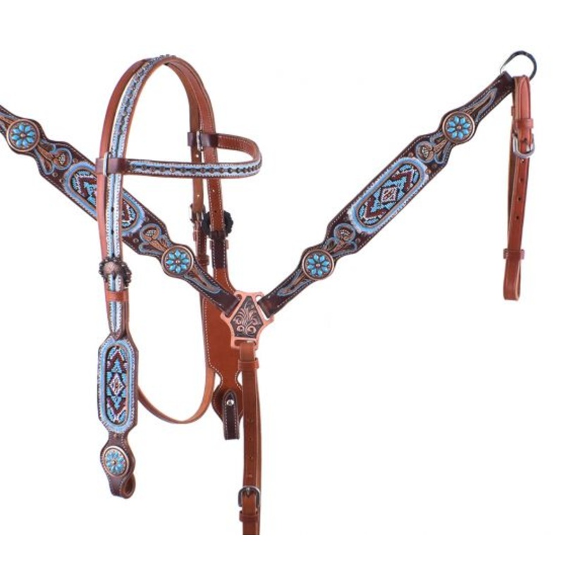 #7050: Showman Light Blue Beaded Headstall and Breast Collar Set