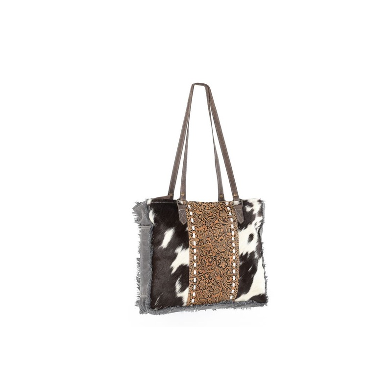 Klassy Cowgirl 16.5″ x 14″ Canvas Tote Handbag with Hair on cowhide and leather tooling