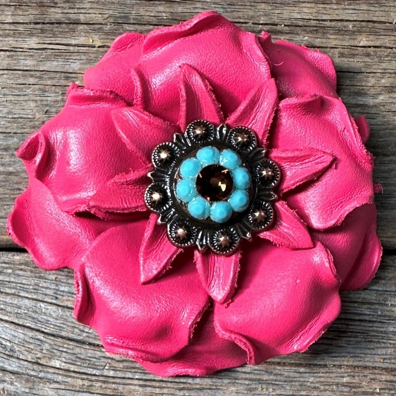 Neon Pink Gardenia Flower With Copper Topaz & Turquoise 1″ Concho