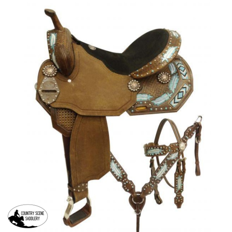 14″, 15″, 16″ Double T style barrel saddle set with metallic painted feathers and beaded inlay
