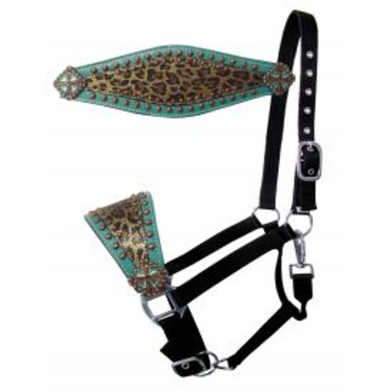 #16713: Showman  Nylon bronc halter with metallic gold cheetah print inlay