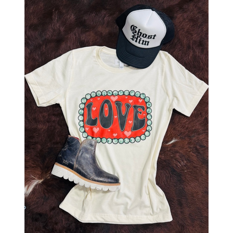 “LOVE” Turquoise Border Tee