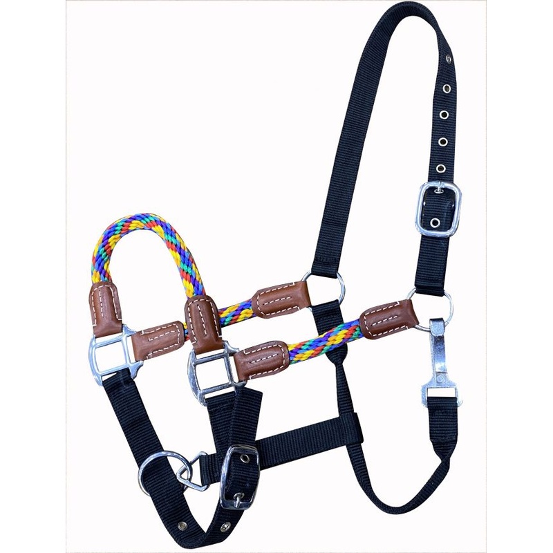 Showman  Nylon Average Horse halter with rainbow colored Nylon Rope Nose and Cheeks with leather accents