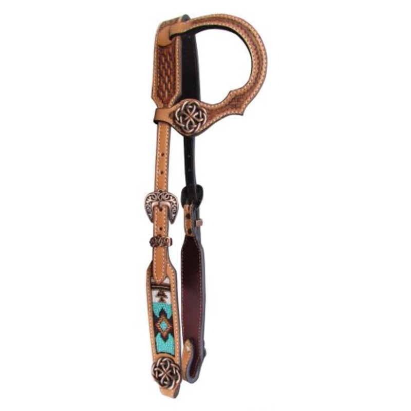 #14067: Showman Argentina cow leather single ear headstall with beaded inlay