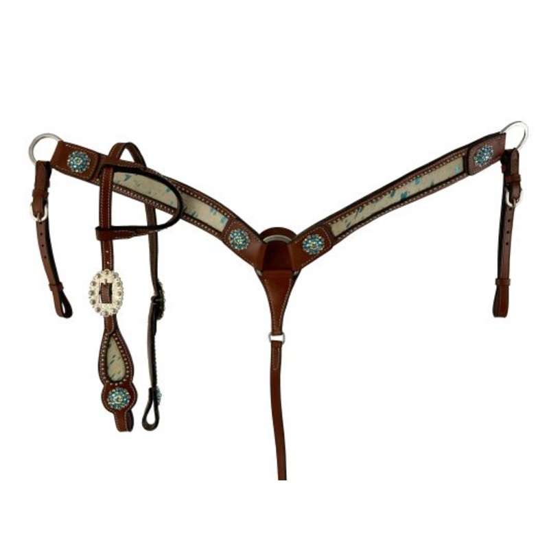 #202623: Showman  Teal Acid Wash Cowhide Inlay One Ear headstall and breast collar set with bling