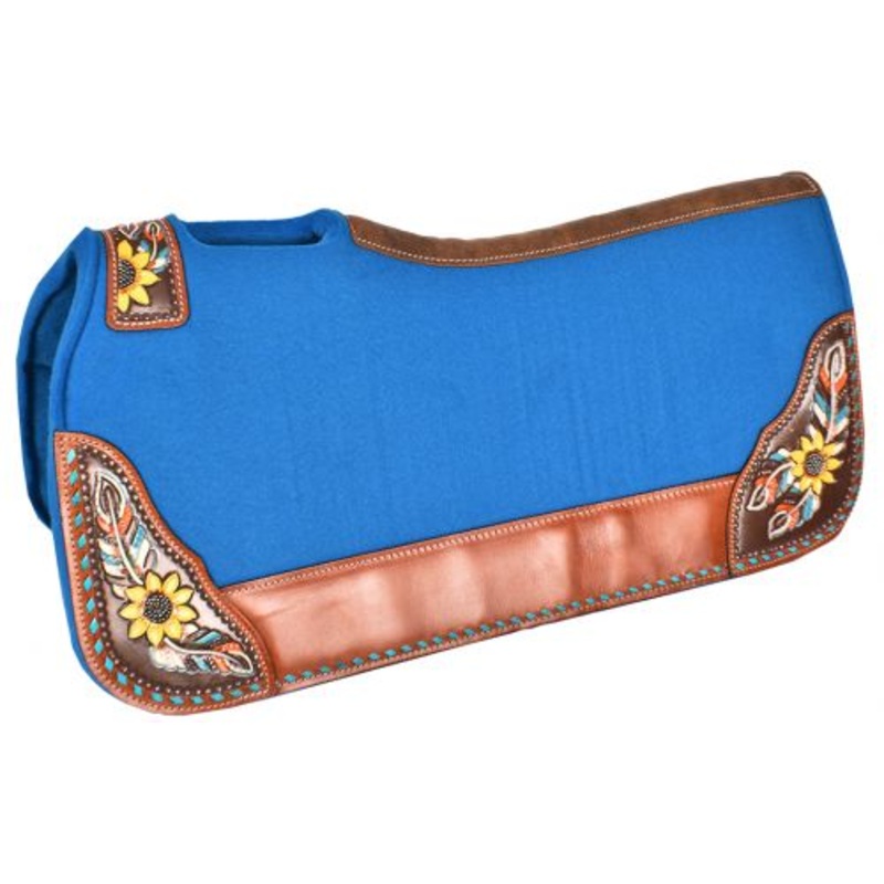#4987: Showman 31″ x 32″ x 1″ Turquoise felt saddle pad with hand painted sunflower and feather d