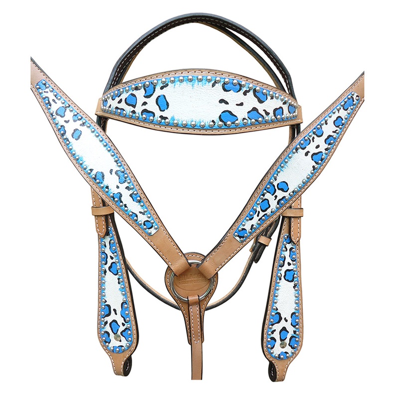 HILASON Western Horse Leather Headstall & Breast Collar Set Turquoise Leopard