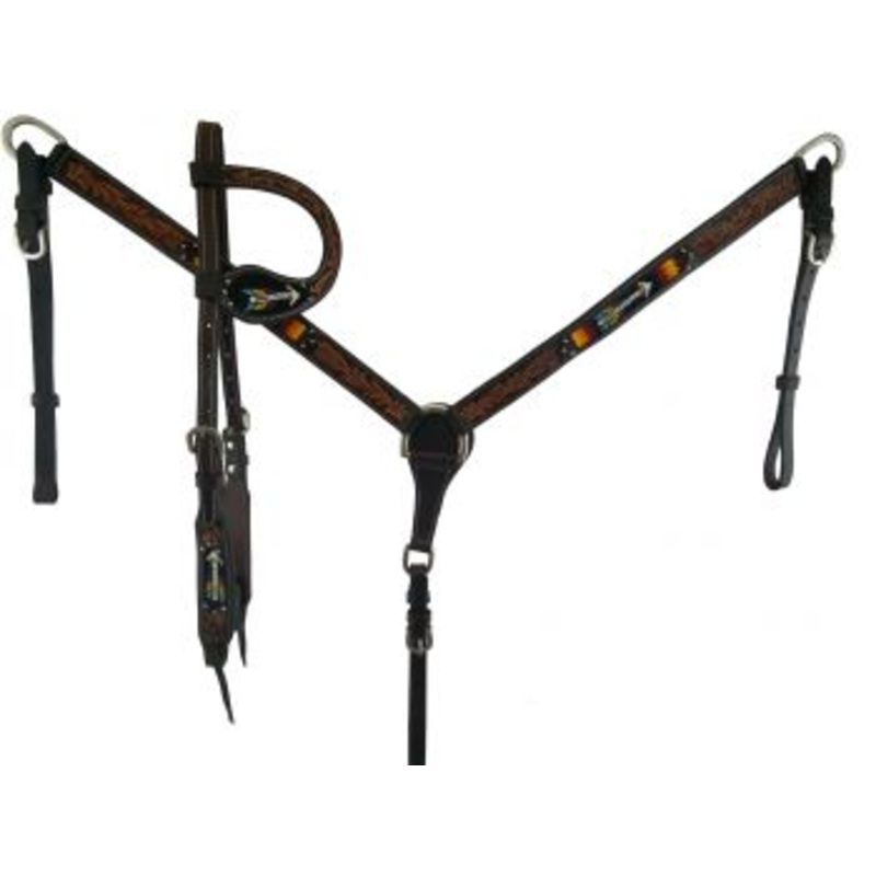 #L-204: Showman  Beaded Arrow design 4 Piece Argentina Leather Headstall and Breastcollar Set w/