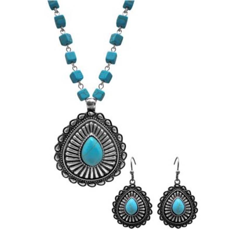 Western Concho Pendant Cube Beaded Necklace and Earrings Set