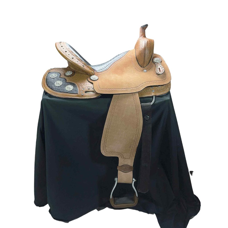 CLEARANCE 14-16″Double TBarrel Style Saddle Set w/ Black Alligator Print Seat #041X