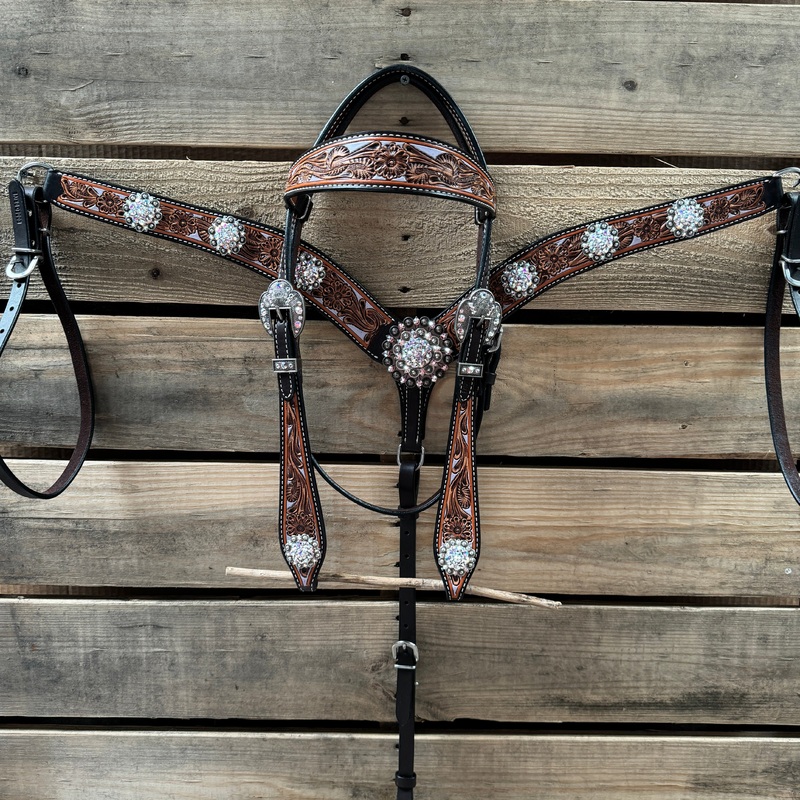 Hand Painted Floral AB Browband / One Ear – Breastcollar Tack Set #BBBC645