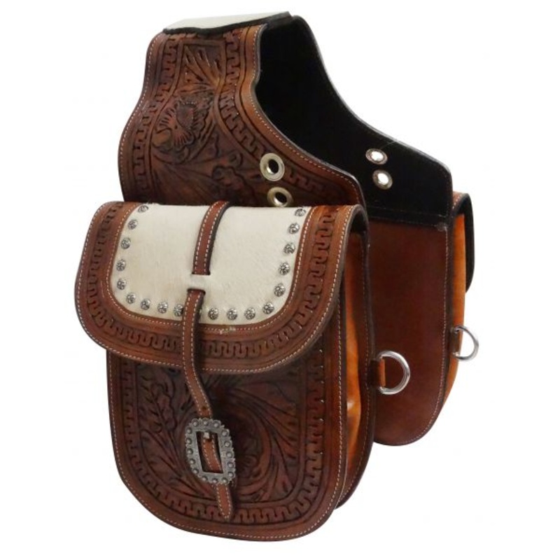 #SB-57: Showman Tooled leather saddle bag with hair-on cowhide overlay