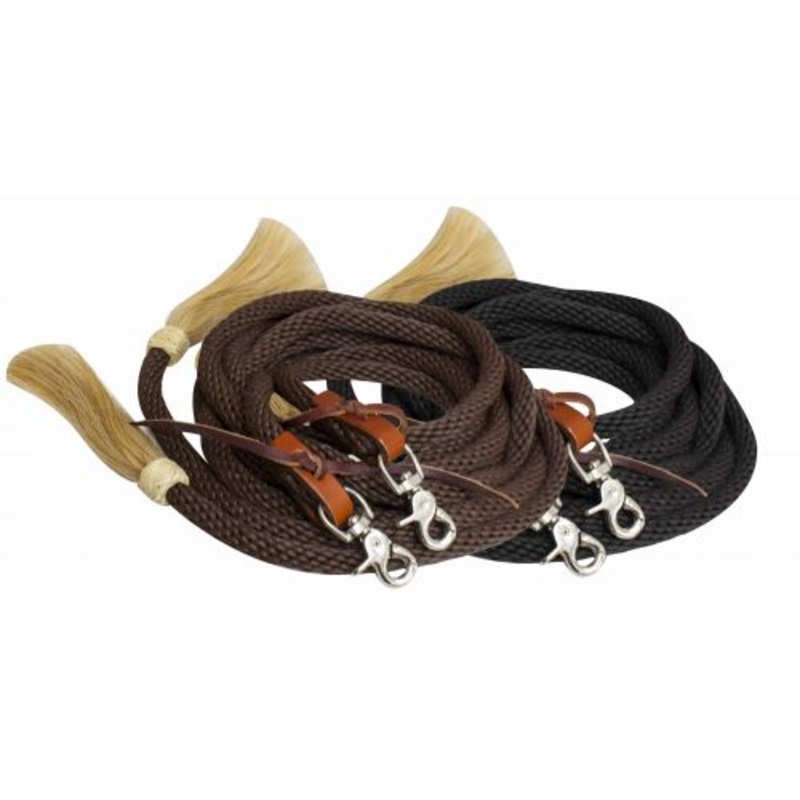 #19081: Showman  8ft round braided nylon split reins with horse hair ends
