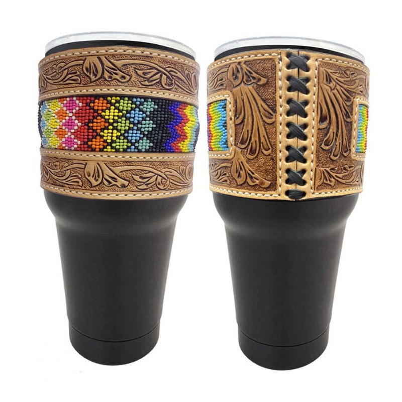30 oz Insulated Black Tumbler with Removable Argentina Cow Leather Beaded Sleeve – rainbow