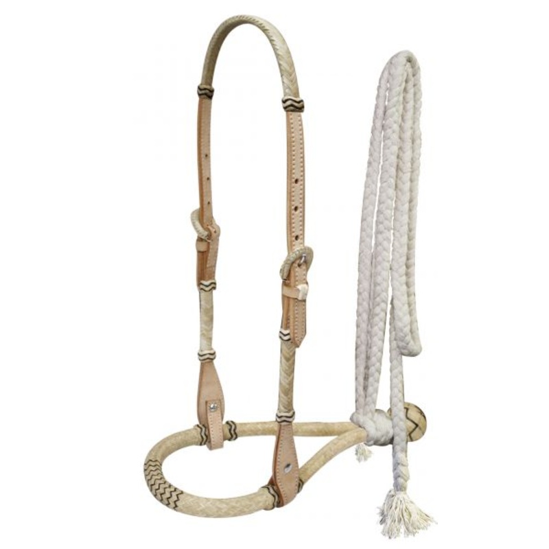 #7098: Showman leather rawhide braided show bosal with mecate cotton reins