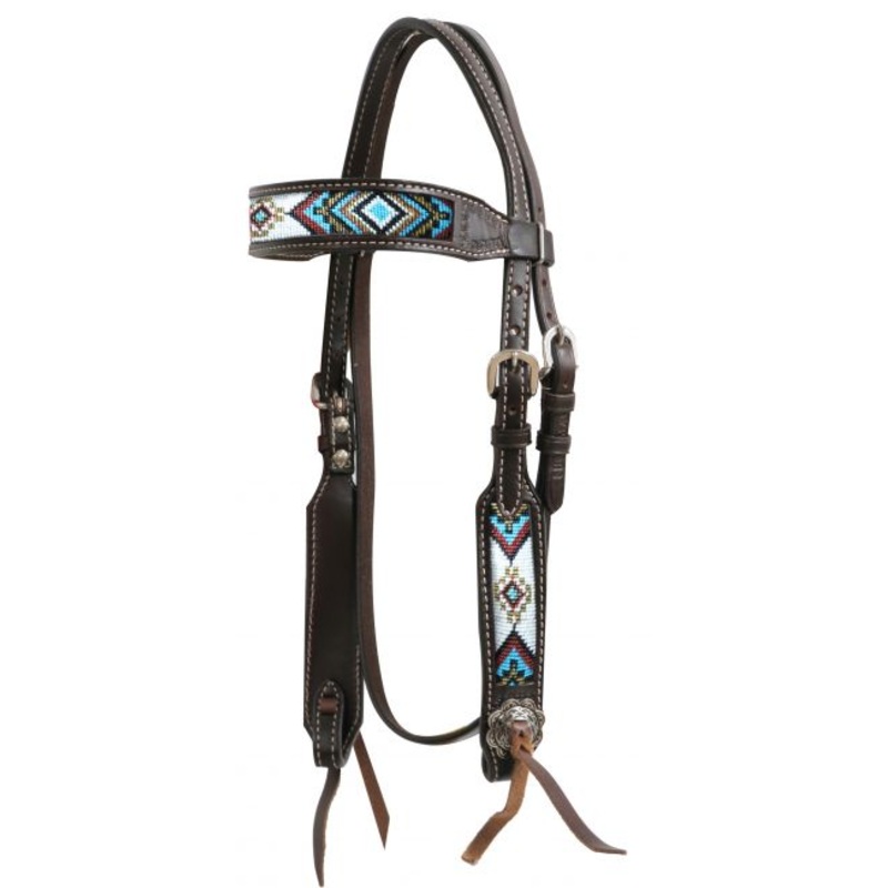 #13739: Showman  Dark chocolate Argentina cow leather headstall with beaded inlays