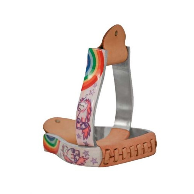 #20169: Showman  Pony/Youth polished aluminum stirrup with unicorn and rainbow print