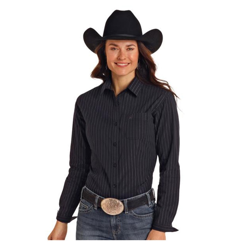 RWB2S05114 Rock & Roll Women’s Long Sleeve Western Button Shirt – Black with Lurex