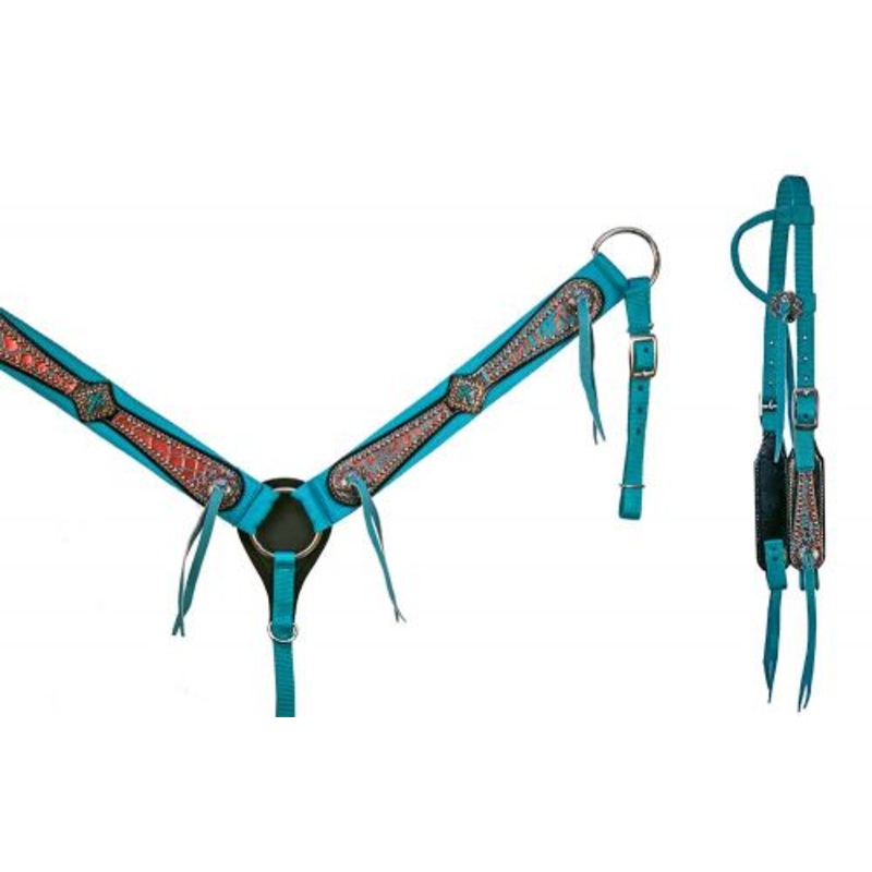 #13868: Showman Turquoisenylon headstall and breastcollar set with bronze crocodile print overlay