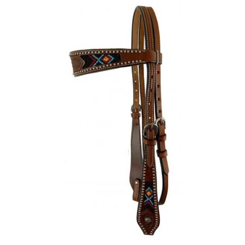 #AK-317: Showman  Medium Brown Argentina cow leather brow-band headstall with beaded inlay design