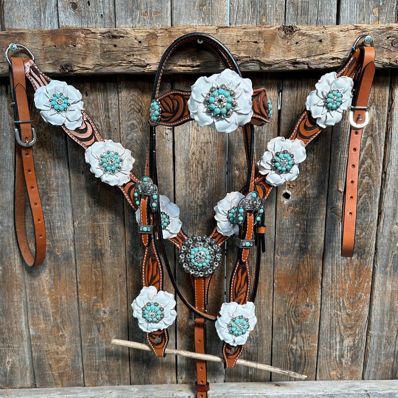 Zebra Turquoise and White Browband / Breastcollar Tack Set #BBBC536