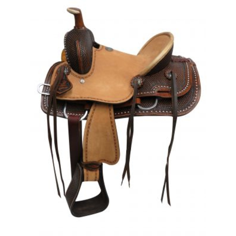#15823: 12″ Double TYouth hard seat roper style saddle with basket tooled leather