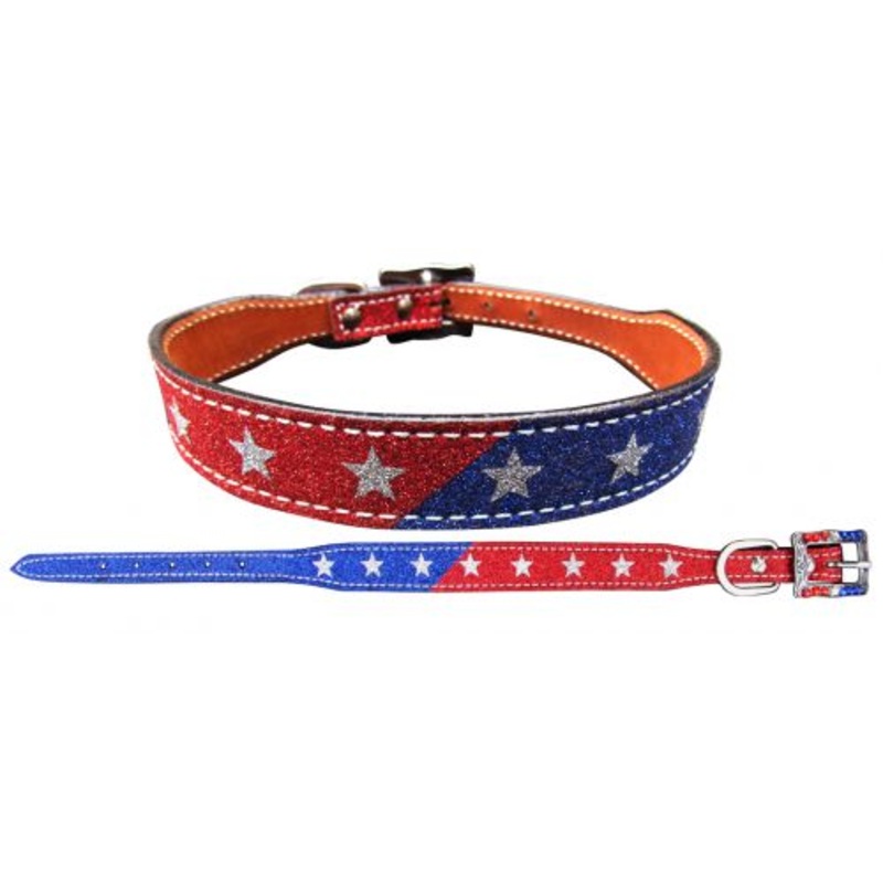 #27451: Showman Couture Red and Blue Glitter overlay leather dog collar