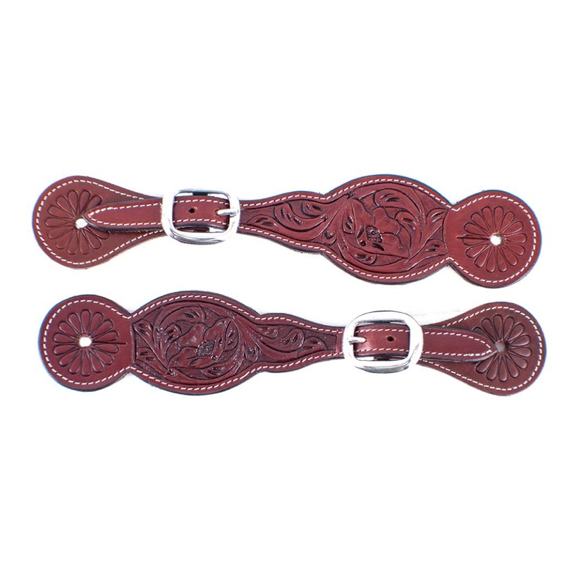#202056: Showman  Burgundy Leather Floral Tooled Spur Straps