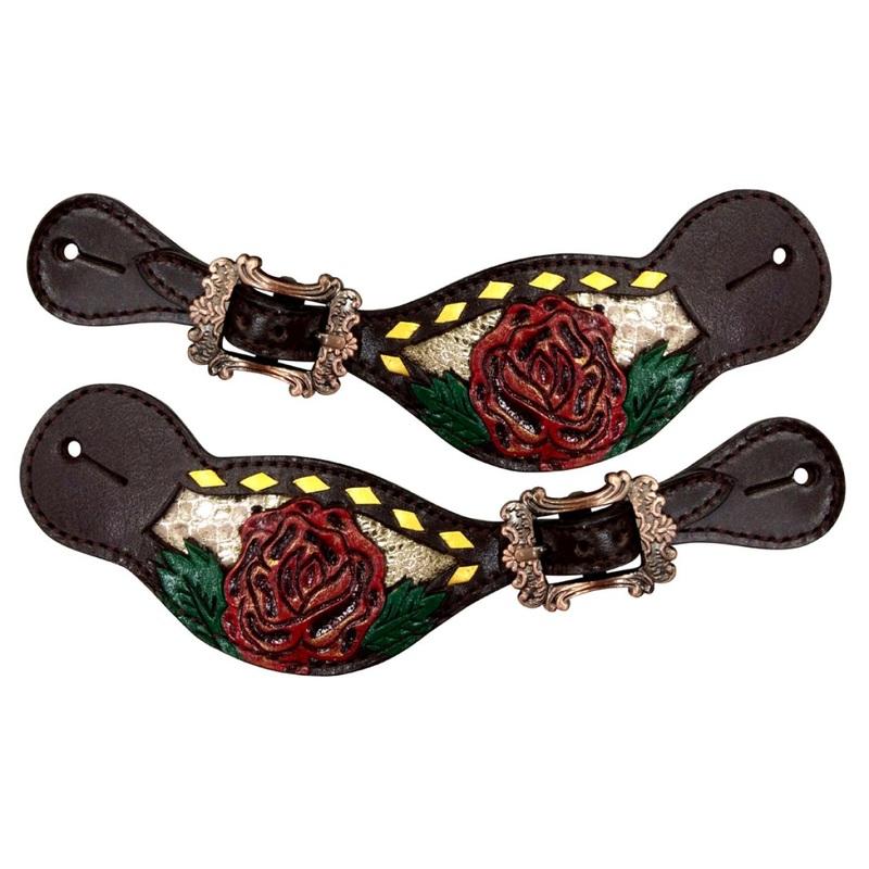 Showman Ladies spur straps with painted red flower on gold snakeskin