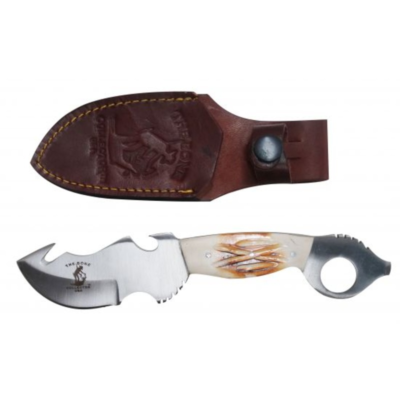 The Bone Collector Fixed blade knife with thumb hole bone handle and leather holster