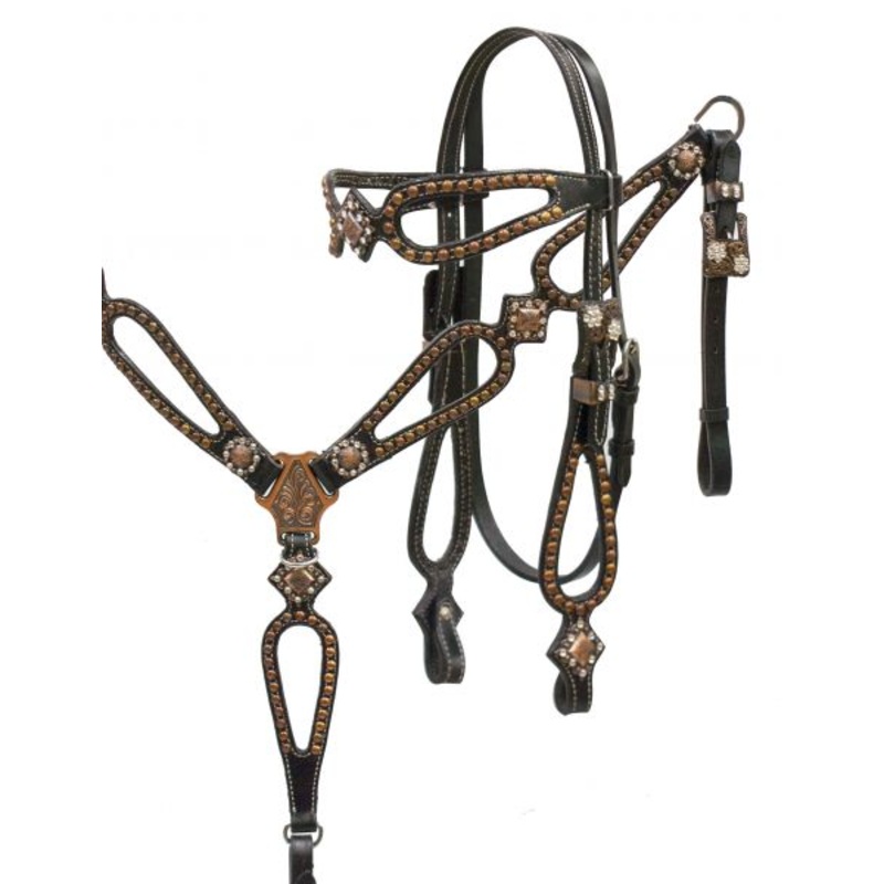 #12924X: Showman Black leather headstall and breast collar set with copper studs and copper engra