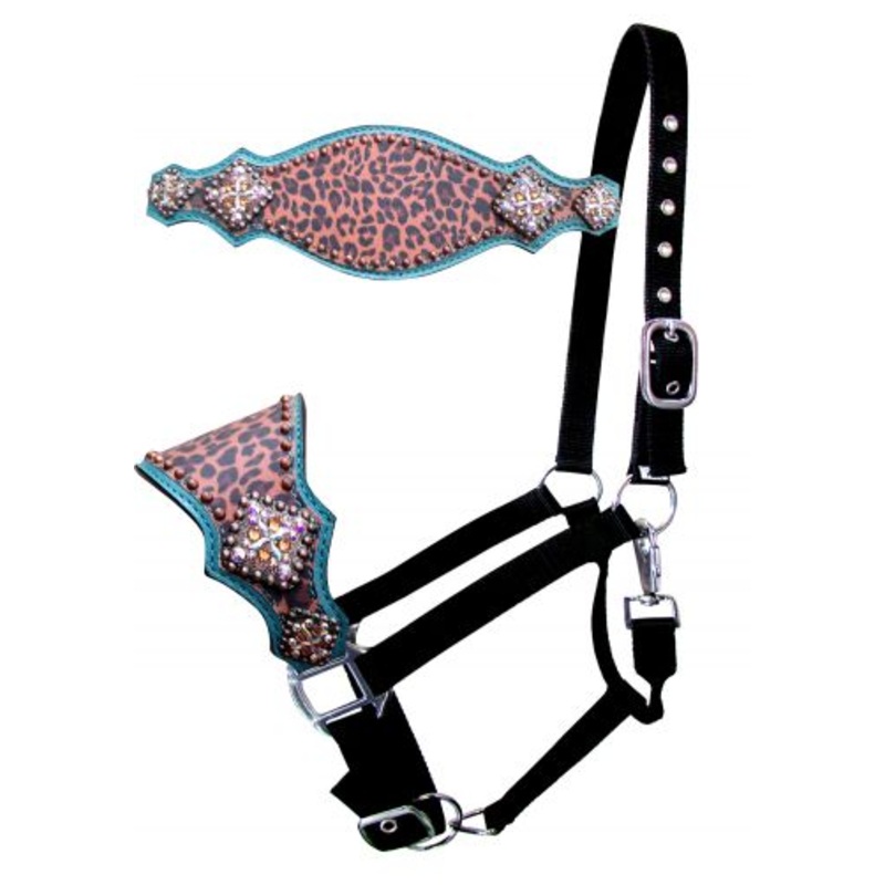 #16762: Showman  Nylon bronc halter with cheetah print and accented with turquoise leather