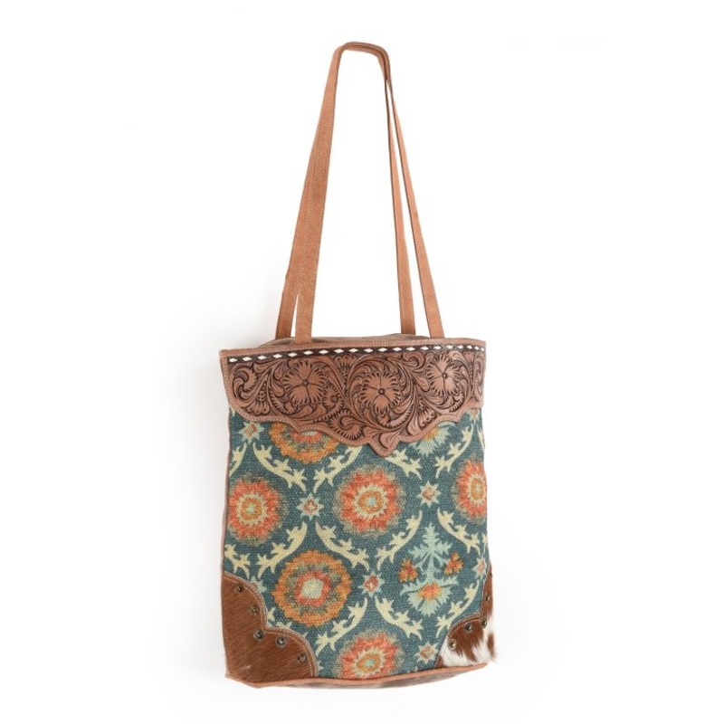 Klassy Cowgirl 15″ x 16″ Canvas Tote Handbag with Leather tooling