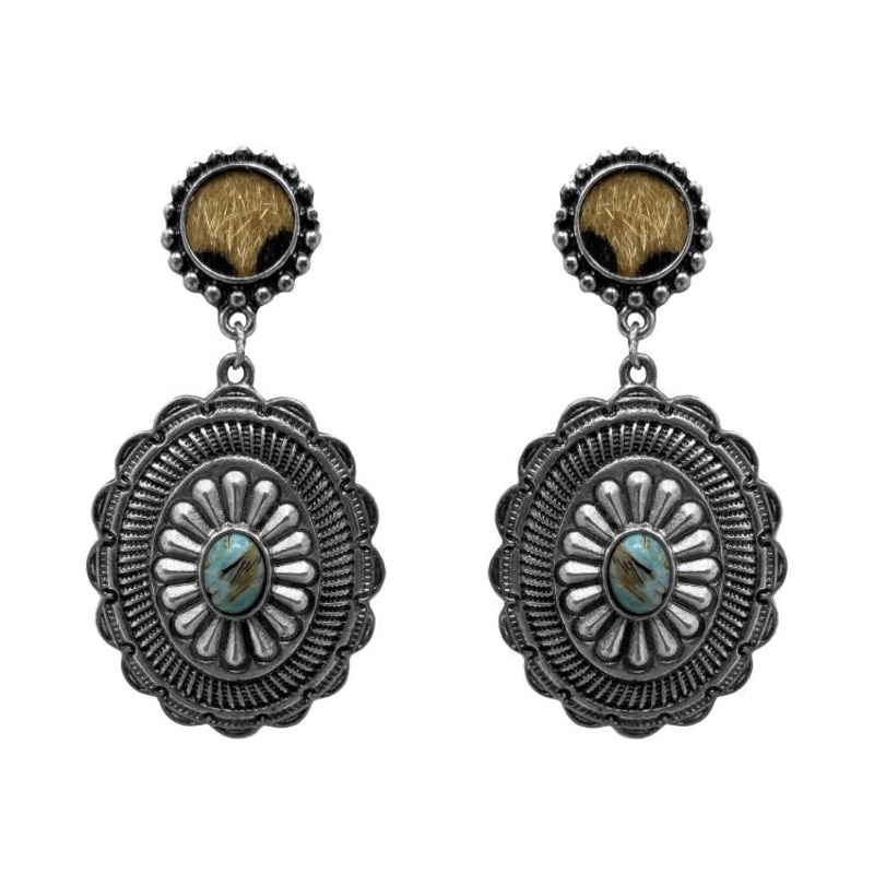 Western Style Concho Cheetah Post Statement Earrings