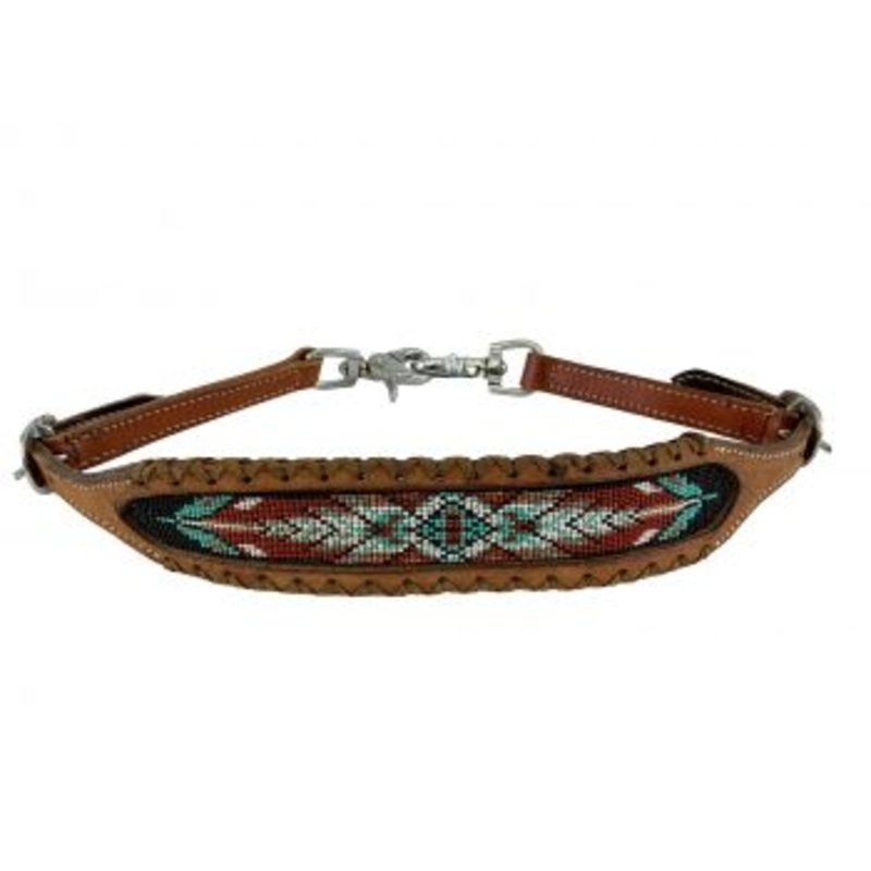 #WS-42: Showman Rawhide Braided wither strap with burgundy/ teal beaded center