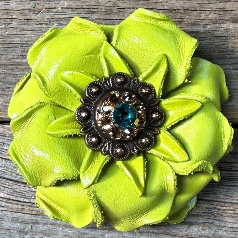 Neon Lime Gardenia Flower With Copper Teal & Champagne 1″ Concho