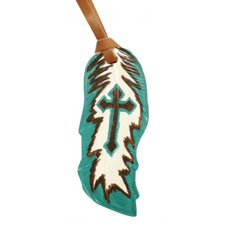 #175792: 5″ Teal and brown hand painted painted leather tie on feather with painted cross