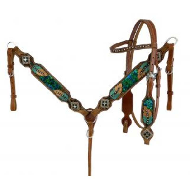 #7088: Showman  Hand Painted Browband Headstall and Breastcollar Set with feather design