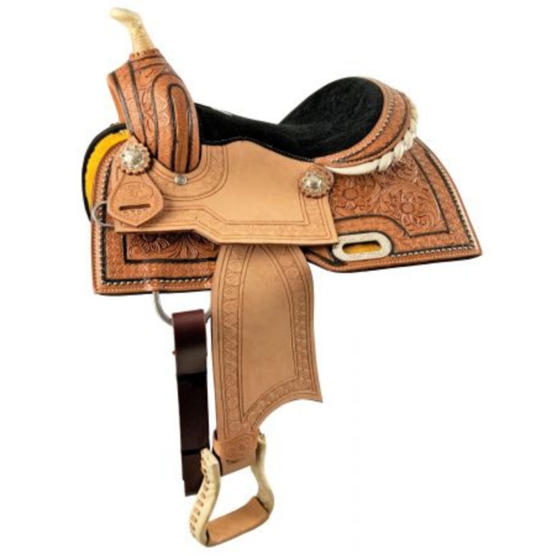 12″ DOUBLE T  YOUTH BARREL STYLE SADDLE WITH HAND FLORAL TOOLING