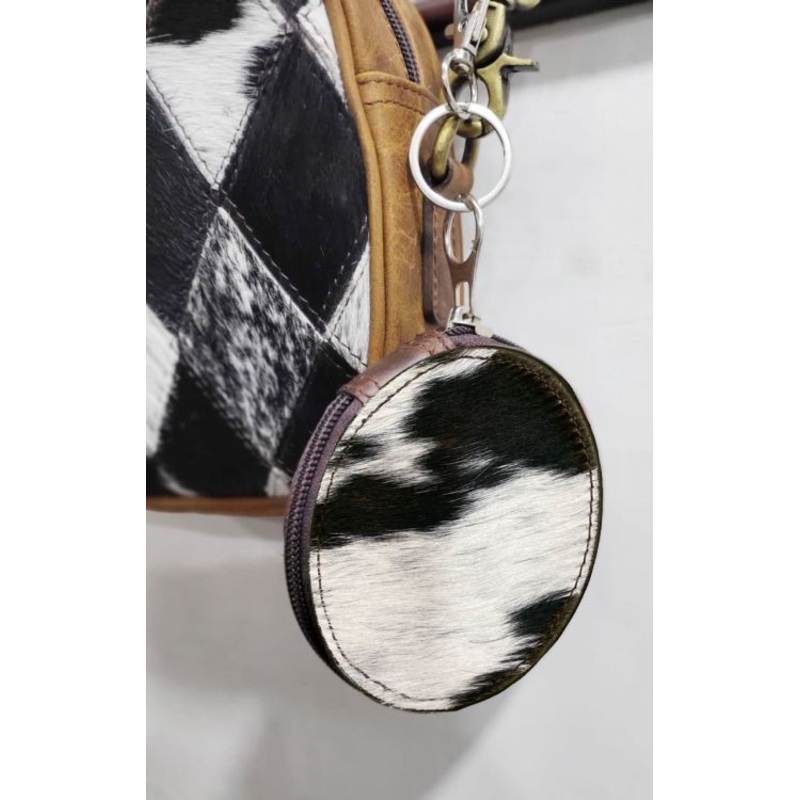 Black & White Hair on Cowhide Round Clip Key-chain Wallet Pouch