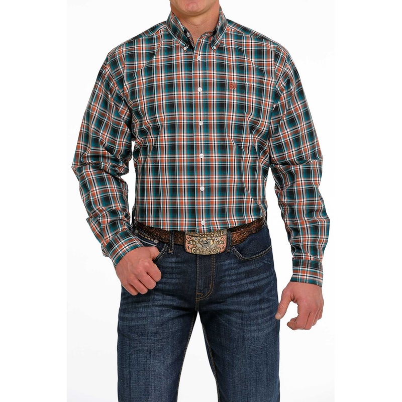 MEN’S PLAID BUTTON-DOWN WESTERN SHIRT – BLACK / ORANGE / TEAL / WHITE