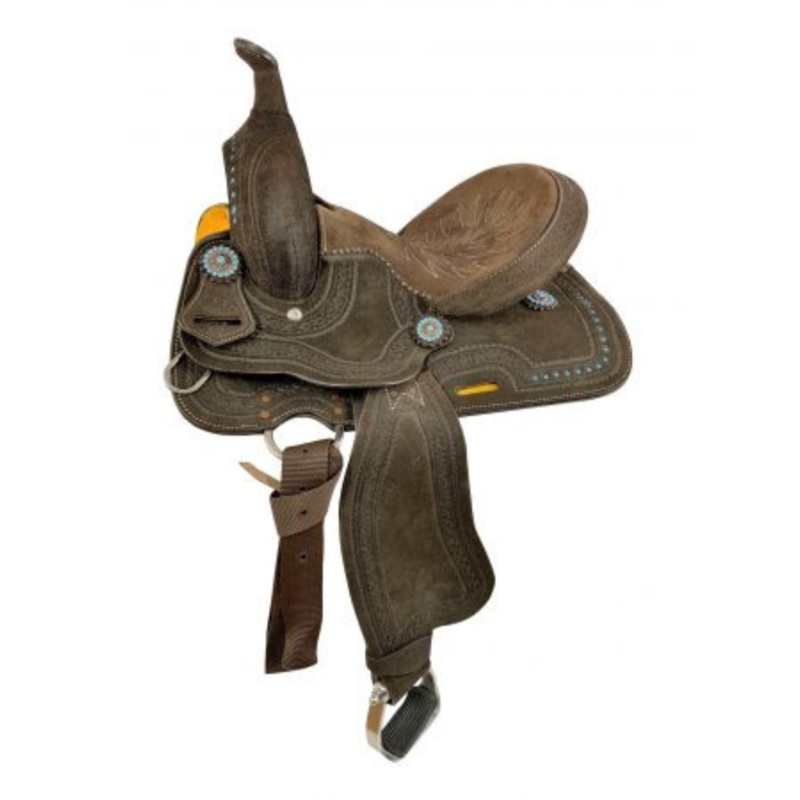 12″ Double T  Barrel style saddle with Oiled Rough out leather, Teal buckstitch accents and flower conchos