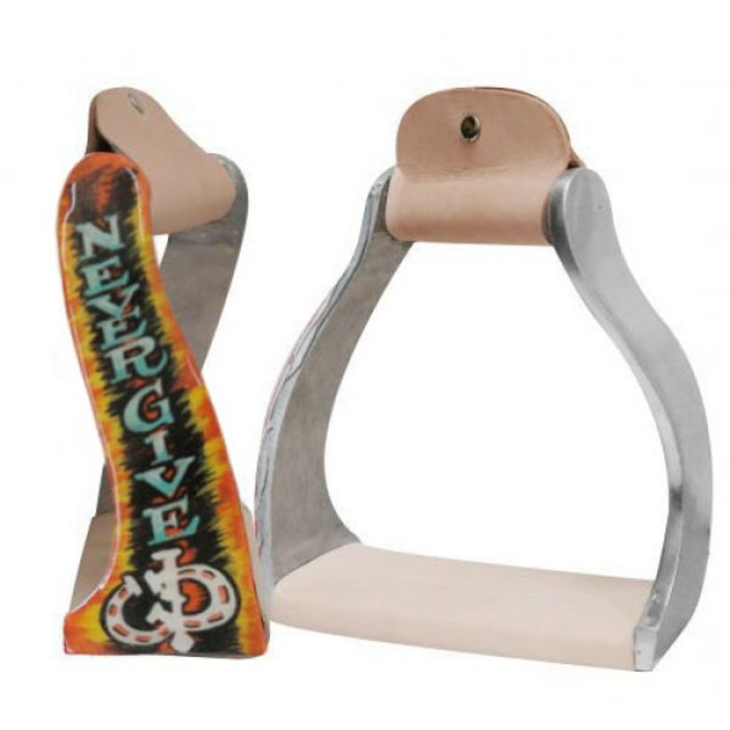 #176389: Showman Lightweight twisted angled aluminum stirrups with shimmering ” Never Give Up” pa