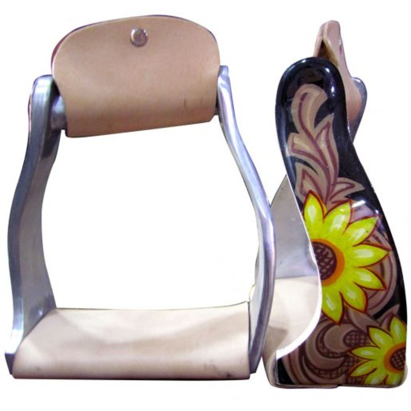 #176912: Showman Lightweight twisted angled aluminum stirrups with sunflower and leather look ove