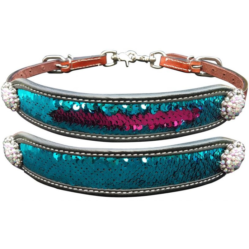 #19604: Showman  Medium leather wither strap with teal and pink sequins inlay