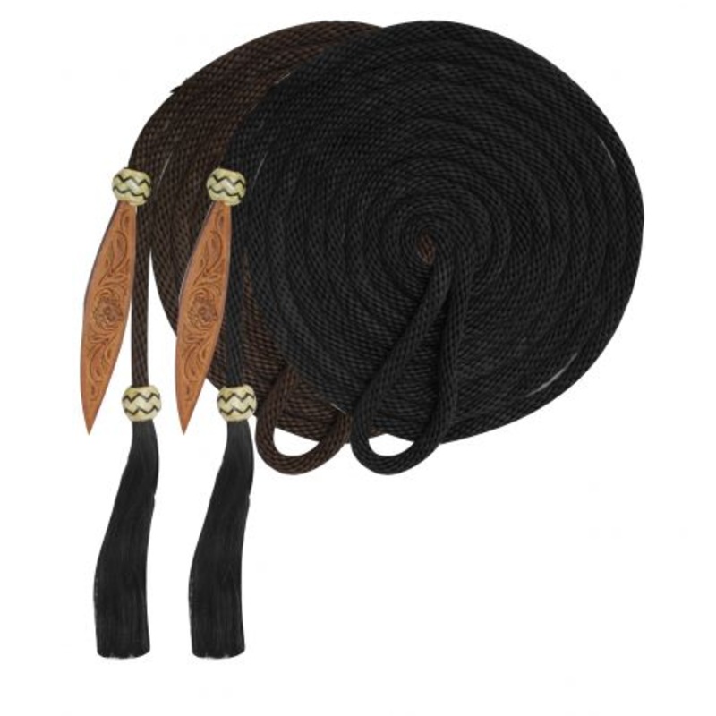 #175563: Showman 21′ Nylon Mecatie Reins with Horse Hair Tassle and Leather Popper