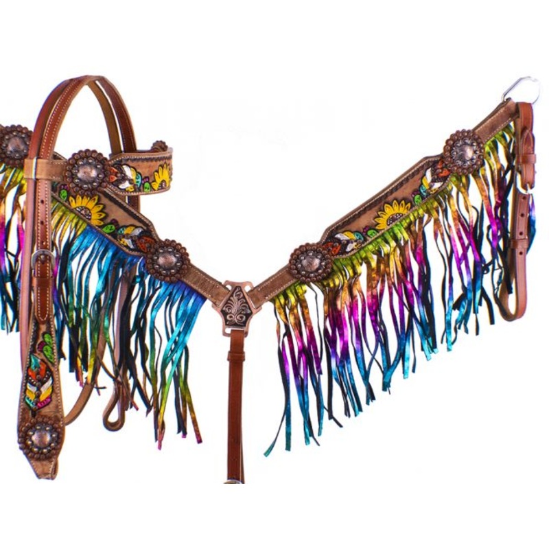 #7076: Showman  Hand Painted Feather, Sunflower and Cactus Brow band Headstall and Breast collar S