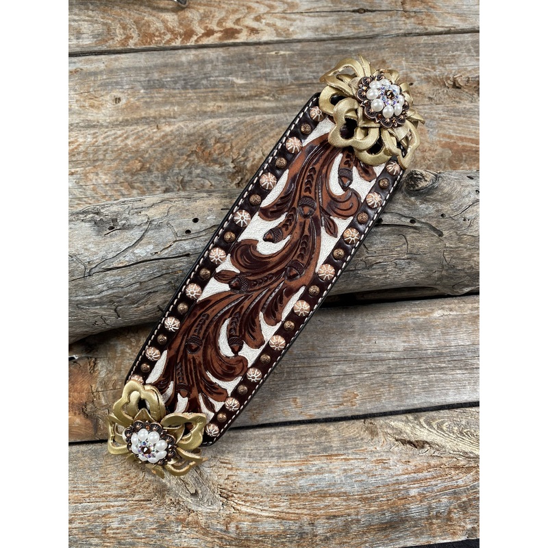 Medium Oil Copper Dot Bronc Noseband with Gold Lotus Flowers / Copper Topaz, AB, Peal European Crystal Conchos