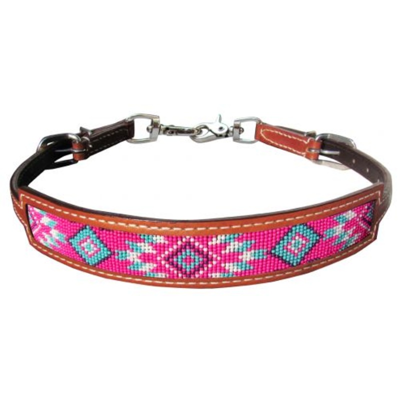 #176604: Showman Medium leather wither strap with pink navajo design inlay