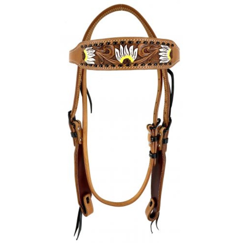 #M-140: Showman  Argentina cow leather browband headstall with hand painted sunflowers